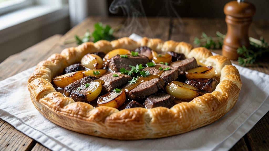 Beef and Onion Pie Recipe: Flaky Pastry Crust with Savory Meat and Caramelized Onions