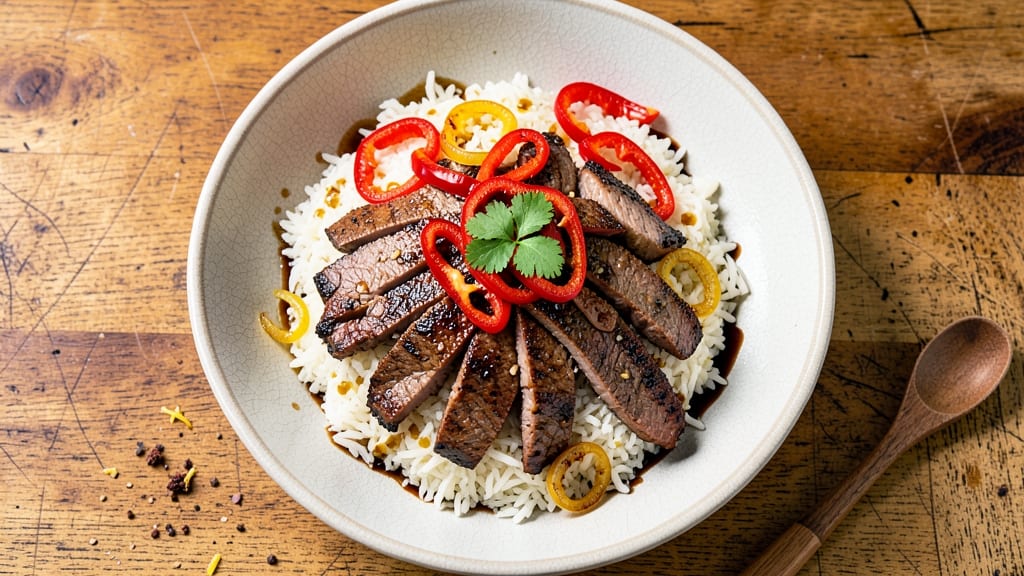 Beef and Pepper Bowl Recipe: Smoky Wok-Tossed Protein with Crispy Rice Bites