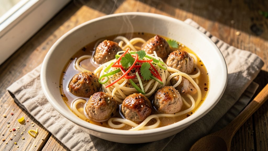 Beef Ball Noodle Soup Recipe: Savory Meatballs in Rich Tomato Broth