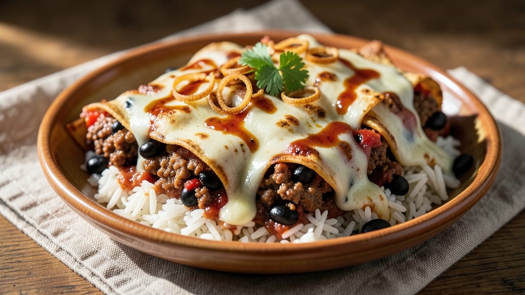 Beef Bean and Rice Enchilada Recipe: Spiced Tortilla Layers With Hearty Filling