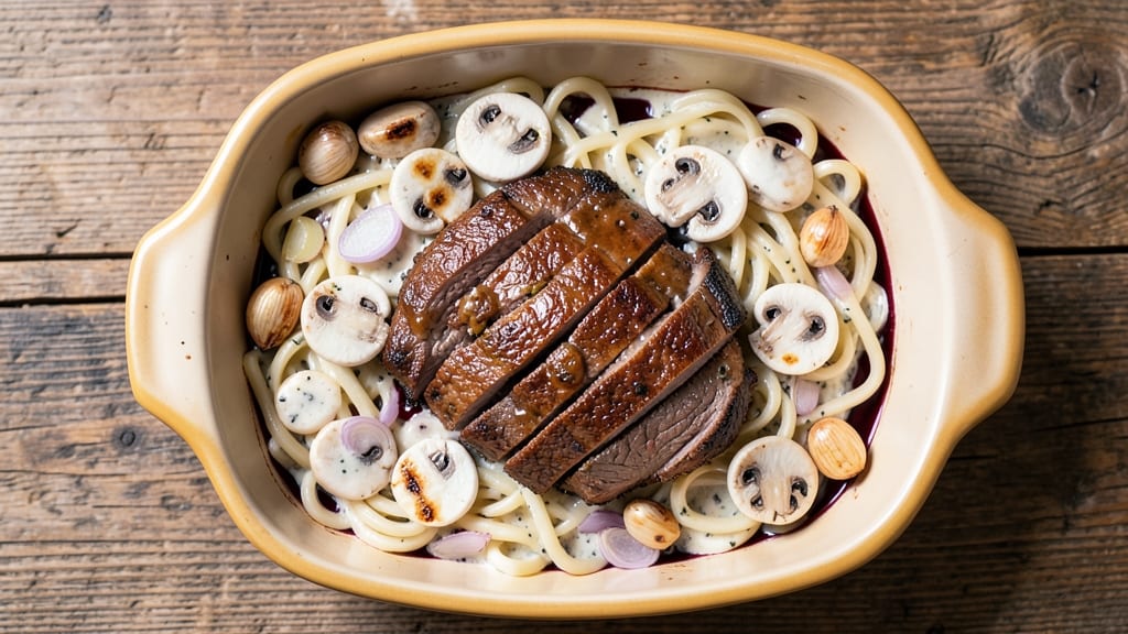 Beef and Mushroom Casserole Recipe: Savory Wine-Braised Layers With Egg Noodles
