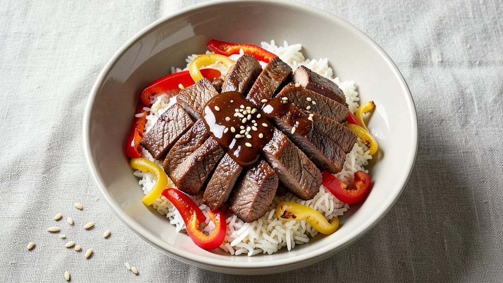Beef and Pepper Rice Bowl with Hoisin Sauce Recipe: Wok-Tossed Umami Crunch and Silky Glaze