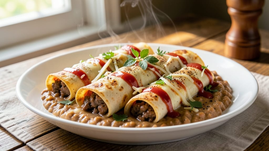Beef and Refried Bean Enchiladas Recipe: Smoky Cheese-Melting Layers in One Pot