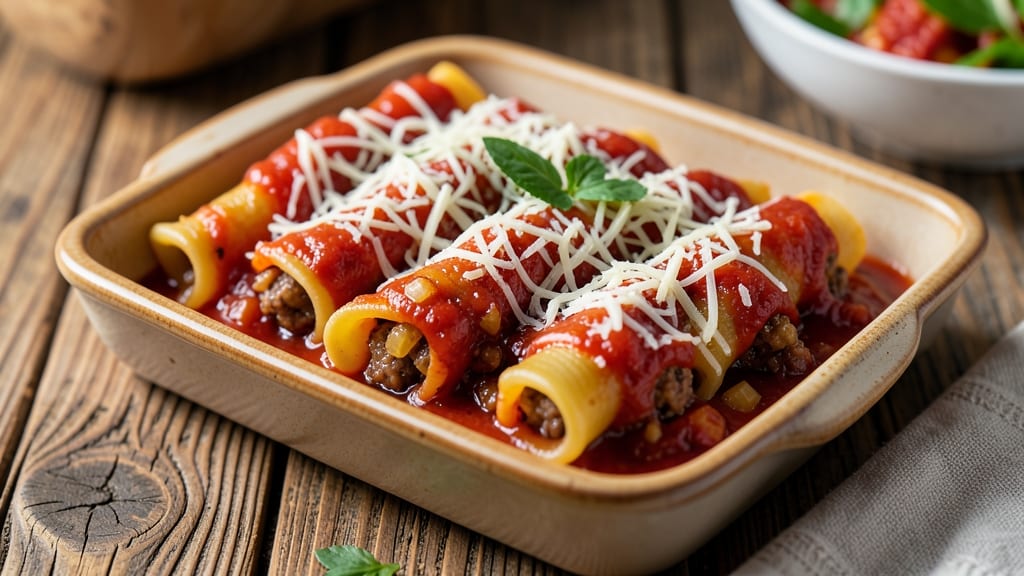 Beef and Cheese Manicotti Recipe: Baked Pasta Layers With Gooey Ricotta Filling